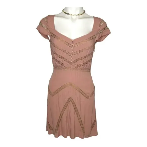 New FREE PEOPLE Dusty Toasted Mink Pink Elle Striped A-Line Mini Dress 4 Small - Picture 2 of 11